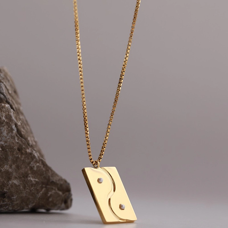 simple Stainless steel rectangle Yin and Yang charm necklace