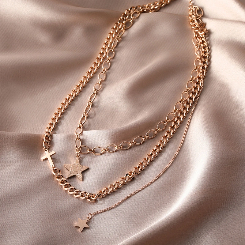 Layered Stainless Steel Star and Cross Pendant Necklace