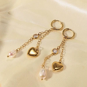 Gold Tassel Heart Freshwater Pearl Zircon Drop Earrings