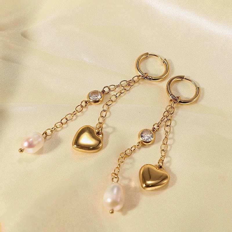 Gold Tassel Heart Freshwater Pearl Zircon Drop Earrings