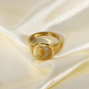 Gold Engraved Star Moon Stainless Steel Metal Ring