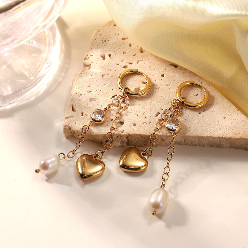 Gold Tassel Heart Freshwater Pearl Zircon Drop Earrings|ZINGY JEWELRY