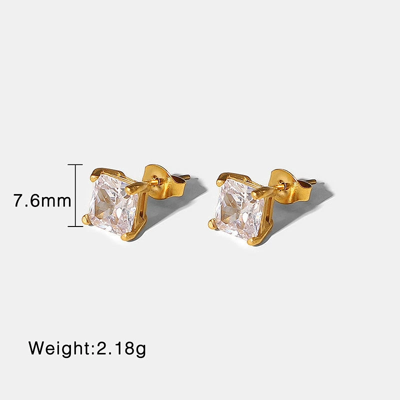 Simple 18K Green Square Zircon Stud Earrings for Women