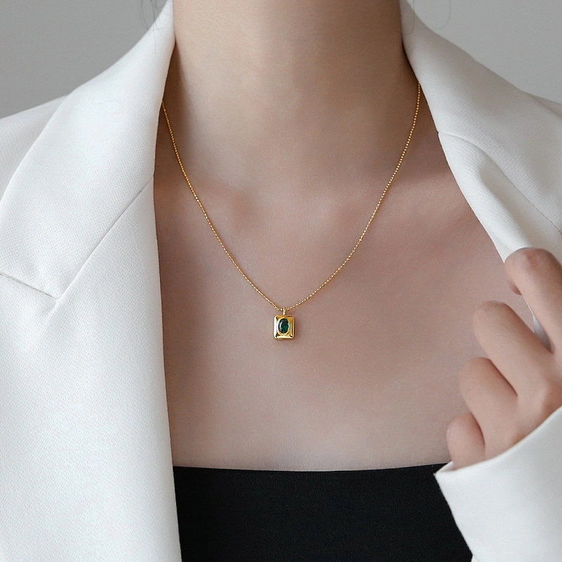 Square Green Crystal Pendant Stainless Steel Necklace Factory