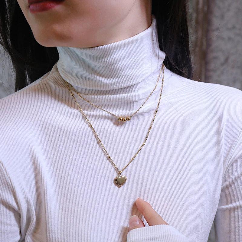 Stainless Steel Double Chain With Heart Pendant Necklace