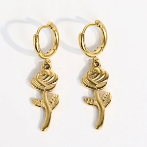Fashion Gold Rose Flower Drop Earrings Small Hoop Earrings