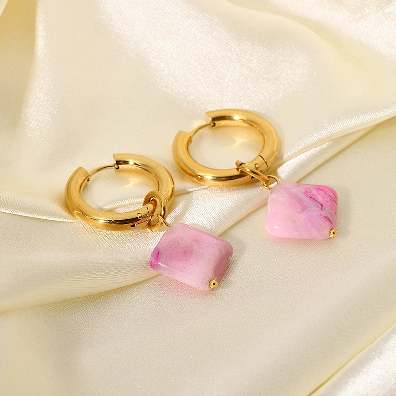 Pink Steel Natural Stone Drop Earrings for Women