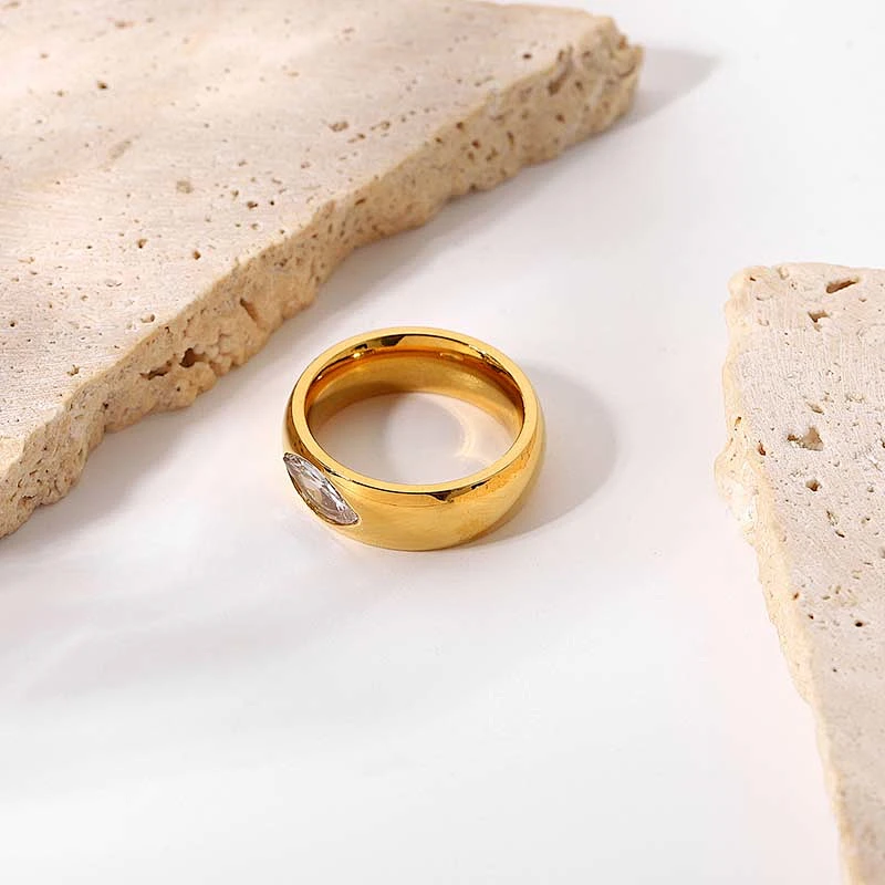 18K Gold Plated Steel Transparent Marquise Cut Zirconia Ring