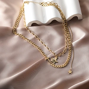 Layered Stainless Steel Star and Cross Pendant Necklace