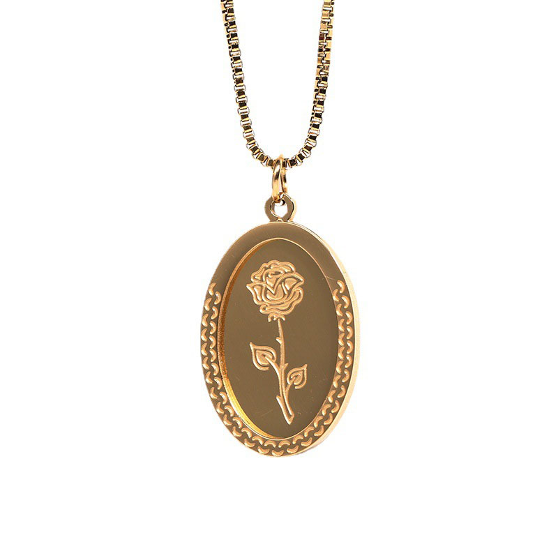 Carving Rose Flower Oval Pendant Necklace