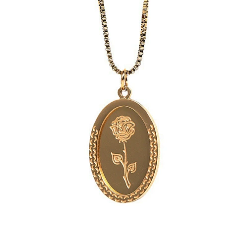 Carving Rose Flower Oval Pendant Necklace