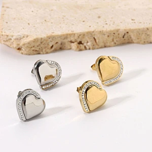 Simple Titanium Steel Stud Earrings Heart Zircon Earring