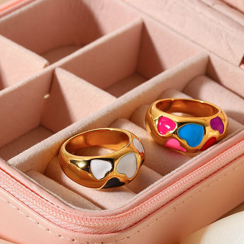 Gold Plated Heart Enamel Ring Stainless Steel Color Ring Women