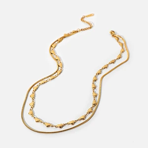 Layered Heart Chain And Flat Snake Chain Steel Necklace