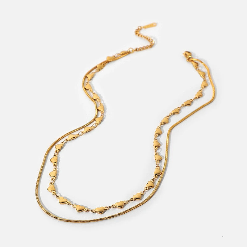 Layered Heart Chain And Flat Snake Chain Steel Necklace