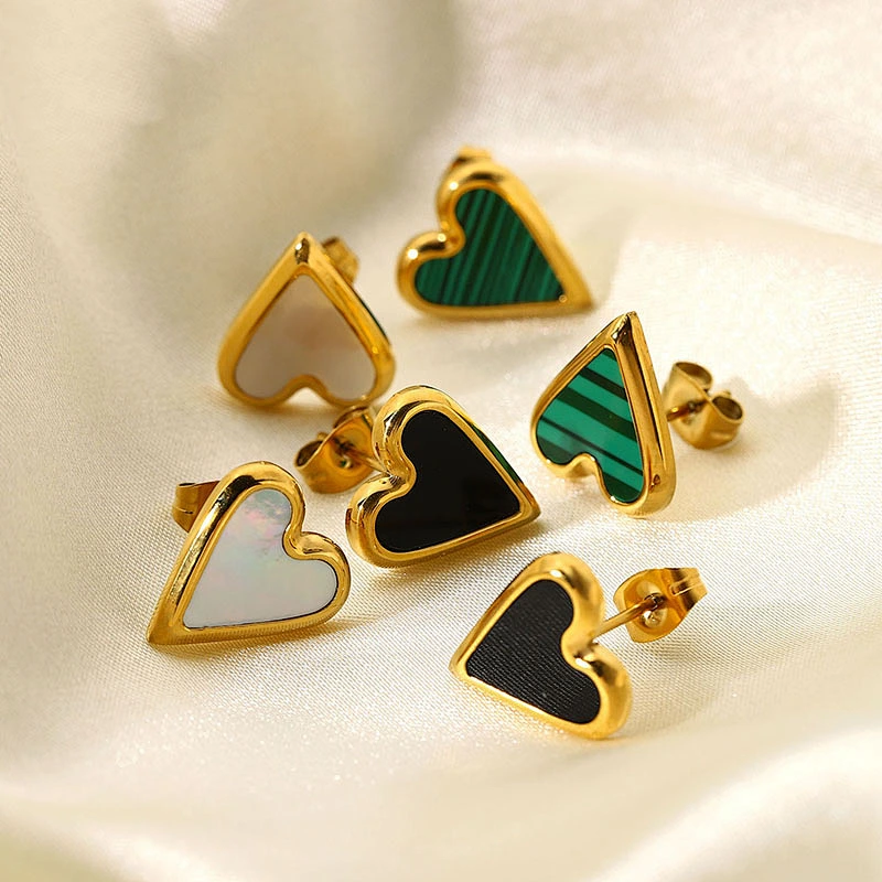 Natural Stone Stud Earrings Fashion Stainless Steel Heart Earrings
