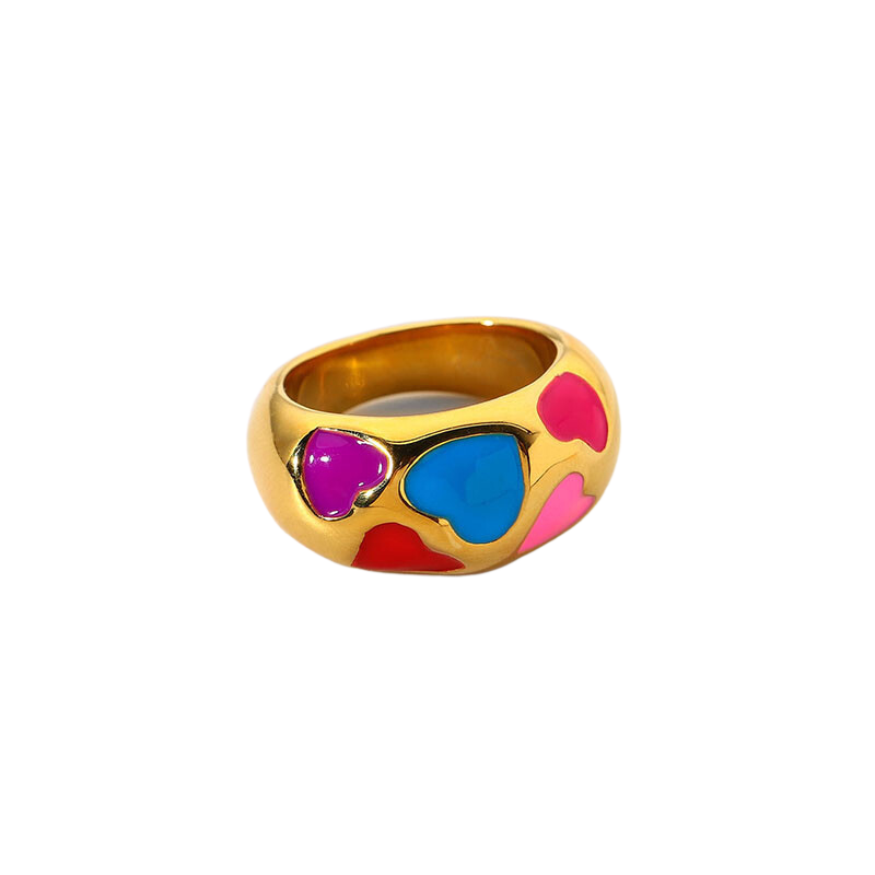 Gold Plated Heart Enamel Ring Stainless Steel Color Ring Women