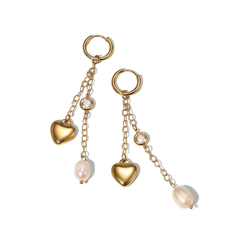 Gold Tassel Heart Freshwater Pearl Zircon Drop Earrings|ZINGY JEWELRY