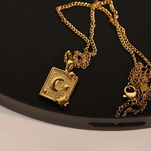 3D Moon Star Rectangle Stainless Steel Pendant Necklace