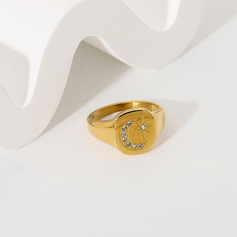 Gold Engraved Star Moon Stainless Steel Metal Ring