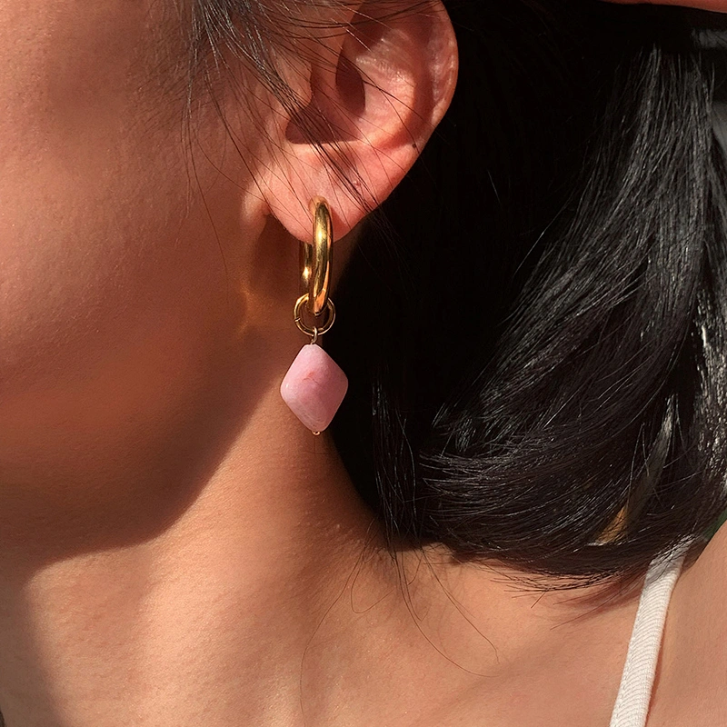 Pink Steel Natural Stone Drop Earrings for Women
