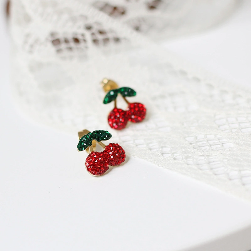 Stainless Steel Crystal Cherry Earrings And Necklace Set
