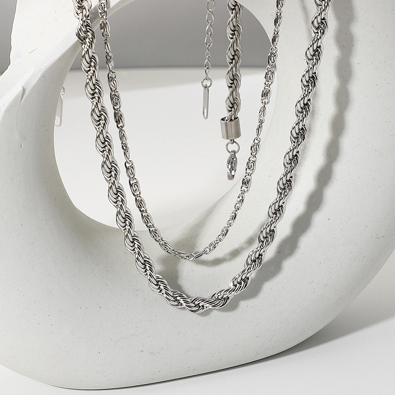 Simple Silver Steel Necklace Double Layer Chain Necklace