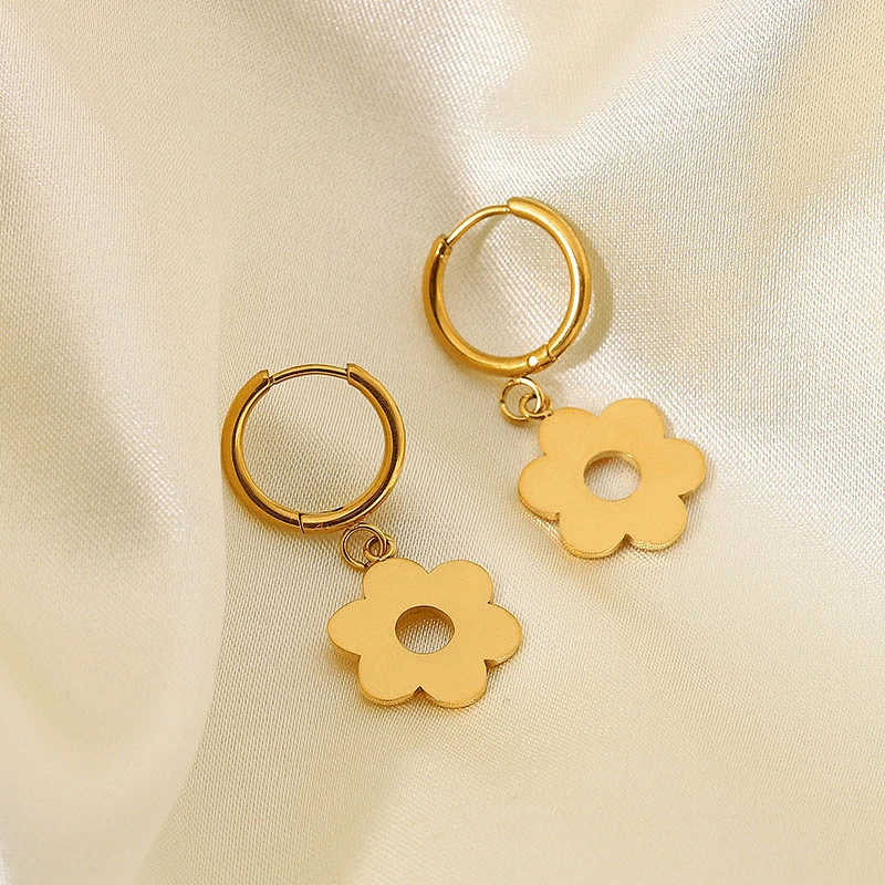 Vintage 18K Gold Plated Stainless Steel Flower Drop Earrings