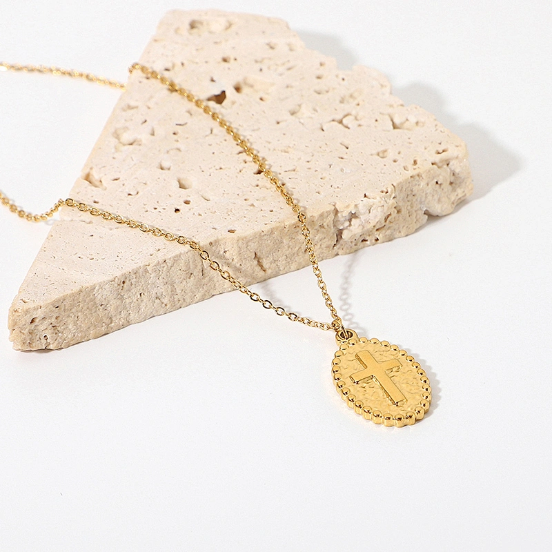 14K Gold Oval Pendant Necklace Engraved Cross Necklace