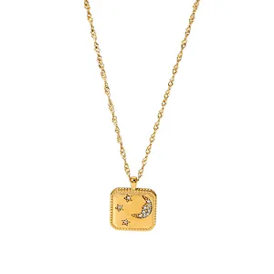 Moon Star Square Zircon Pendant Chain Necklace