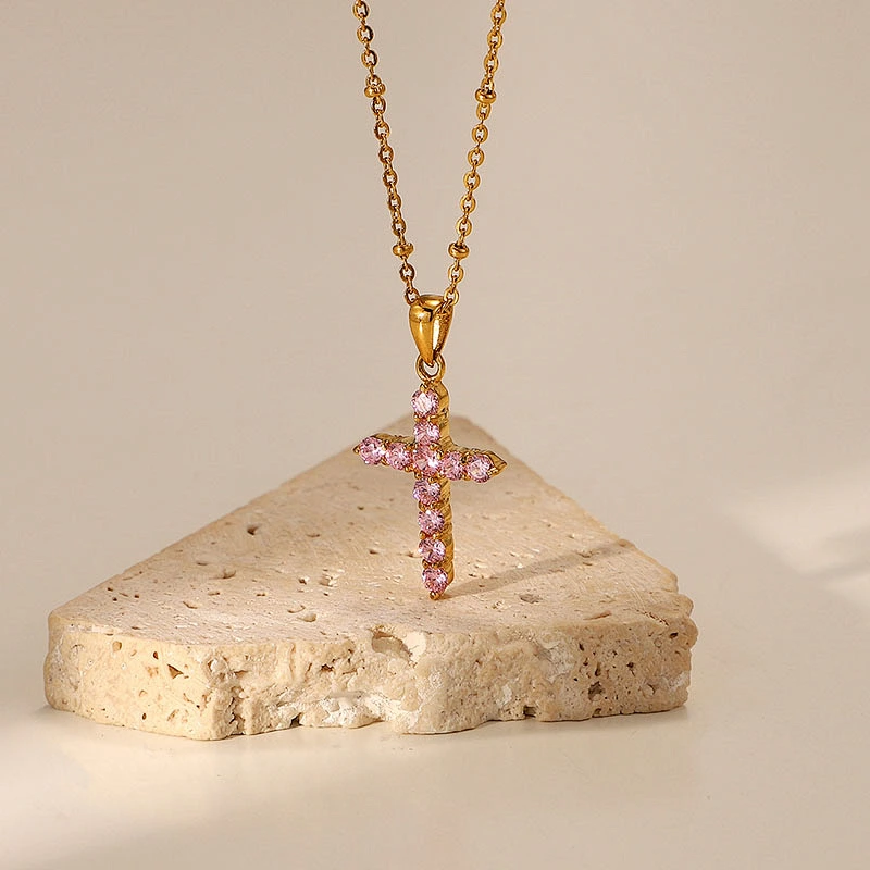 Popular Steel Pink Zircon Cross Pendant Necklace Women