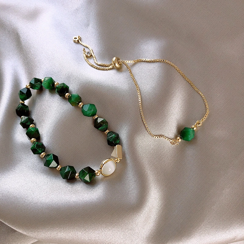 Simple Layered Chain Bracelet Green Natural Stone Bracelet