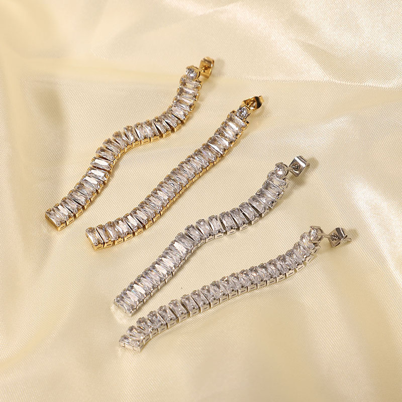New Steel Gold Long Zirconia Drop Tassel Earrings