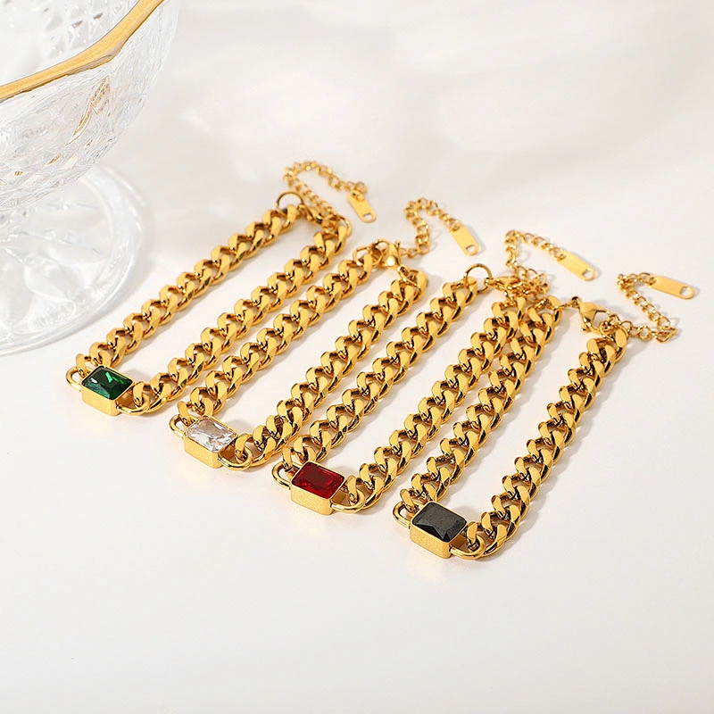 Stainless Steel Emerald Cut Zirconia Cuban Chain Bracelet
