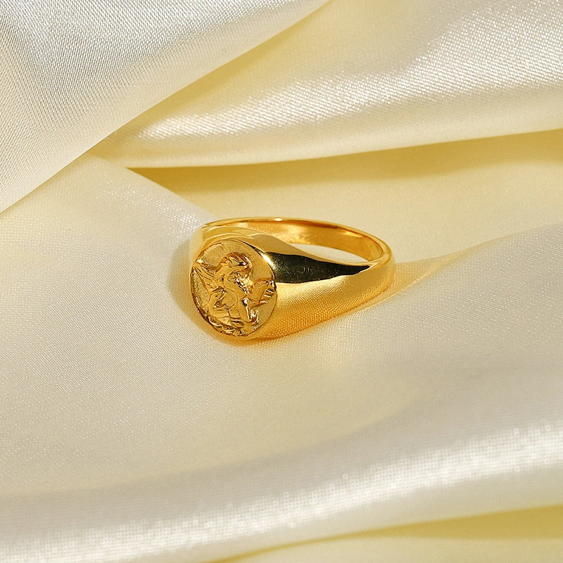 Vintage Steel Ring 18k Gold Plated Engraved Women's Ring