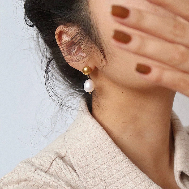 Simple Metal Earrings Freshwater Pearl Earrings Women