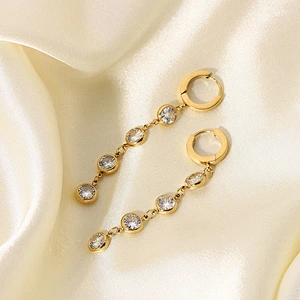 Gold Plated Steel Round Zircon Tassel Pendant Earrings