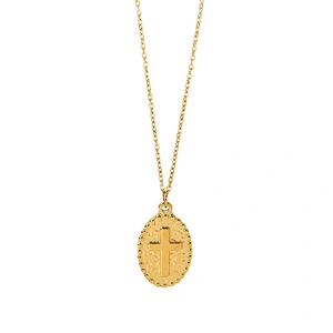 14K Gold Oval Pendant Necklace Engraved Cross Necklace