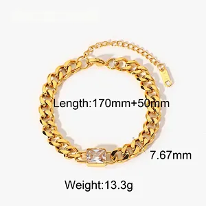 Stainless Steel Emerald Cut Zirconia Cuban Chain Bracelet
