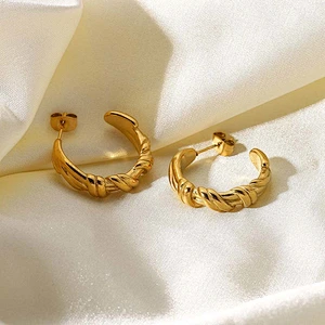 18K Gold Stainless Steel Twisted C-Shaped Earrings For Women