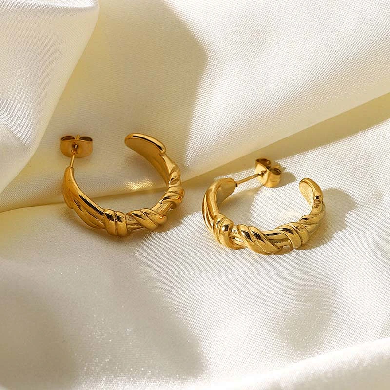 18K Gold Stainless Steel Twisted C-Shaped Earrings For Women