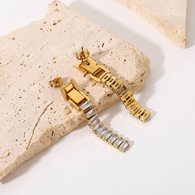 18K Gold Plated Steel Zirconia Chain Post Earrings