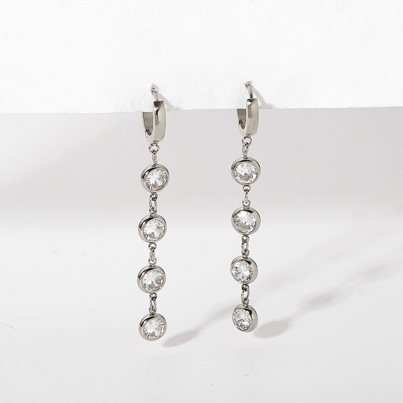 Gold Plated Steel Round Zircon Tassel Pendant Earrings