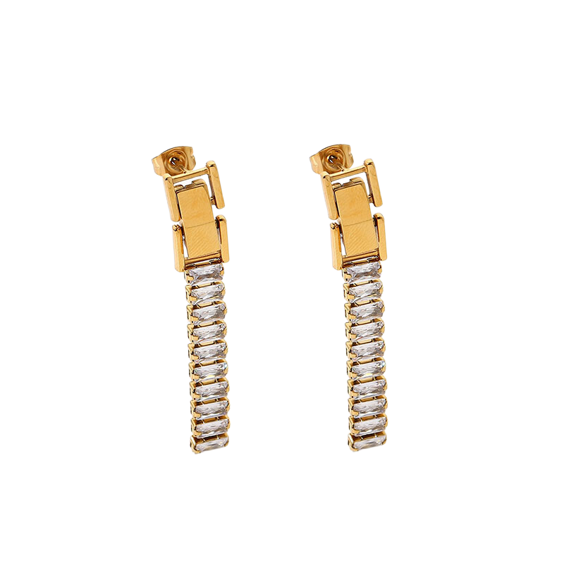 18K Gold Plated Steel Zirconia Chain Post Earrings