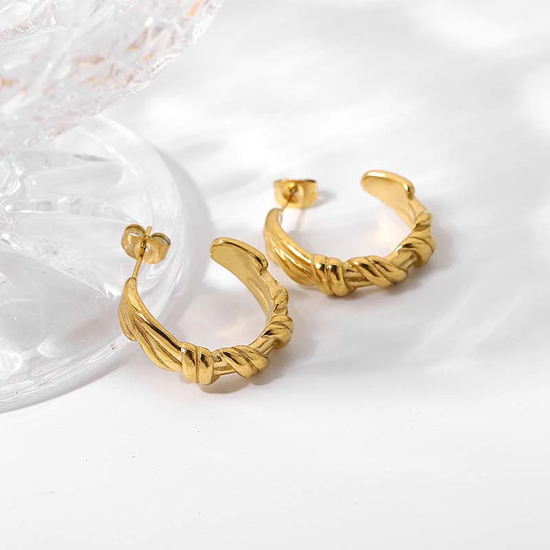 18K Gold Stainless Steel Twisted C-Shaped Earrings For Women