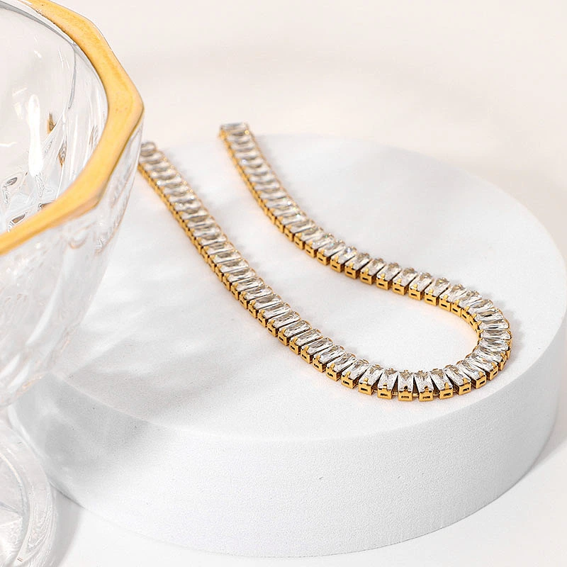 18K Gold Plated Women Steel Chain With Full Diamond Necklace