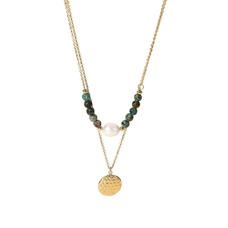 Natural Stone Pearl Pendant Layered Steel Necklace