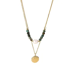 Natural Stone Pearl Pendant Layered Steel Necklace