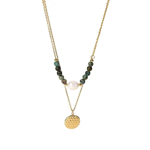 Natural Stone Pearl Pendant Layered Steel Necklace