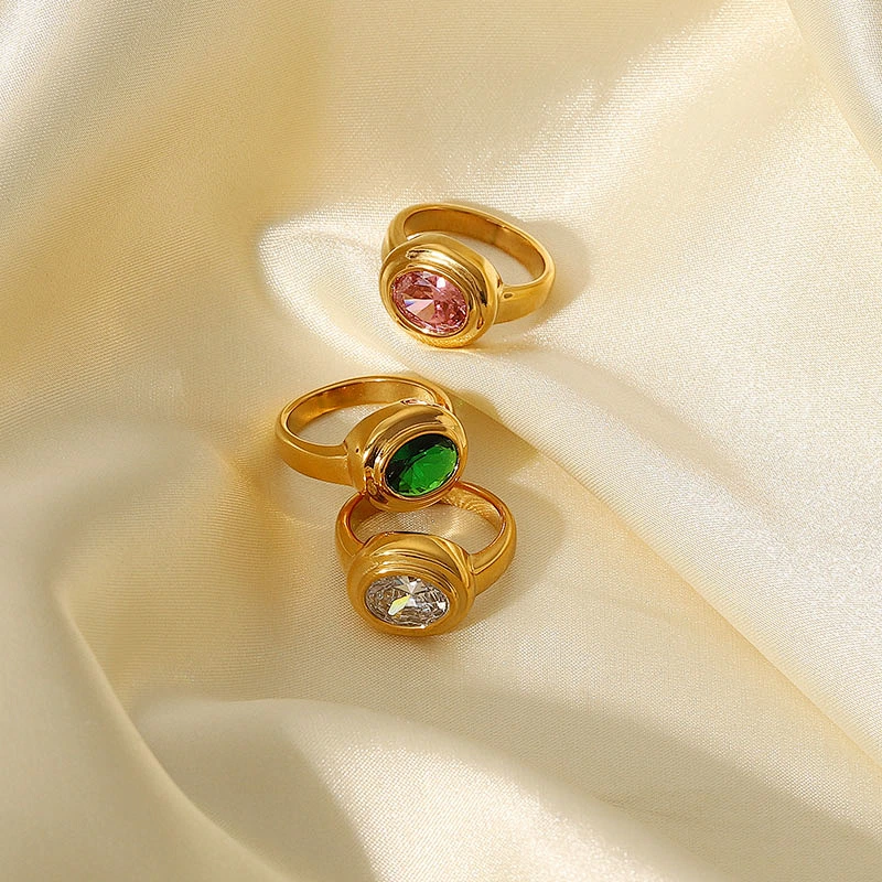 Vintage 18K Gold Plated Stainless Steel Oval Zircon Ring